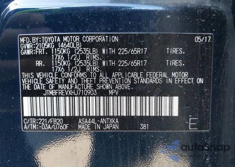 2017 Toyota Rav4 Le z USA, uszkodzony, nr VIN JTMBFREVXHJ710903